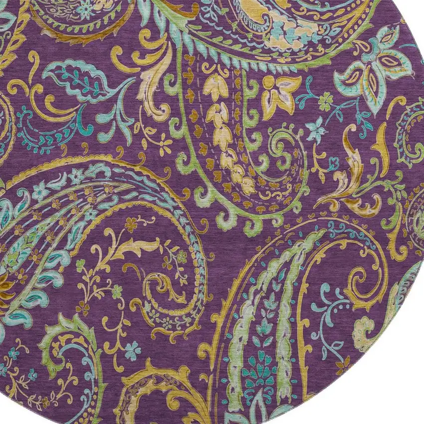 8' Purple Green And Blue Paisley Washable Round Rug With UV Protection Photo 3