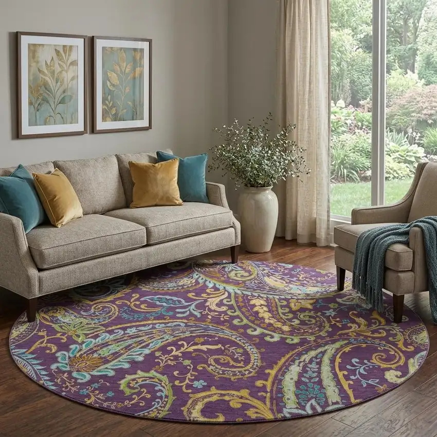 8' Purple Green And Blue Paisley Washable Round Rug With UV Protection Photo 1