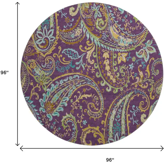 8' Purple Green And Blue Paisley Washable Round Rug With UV Protection Photo 9