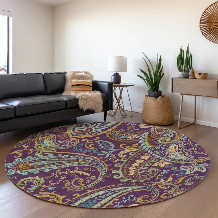 8' Purple Green And Blue Paisley Washable Round Rug With UV Protection Photo 5