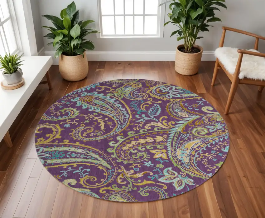 8' Purple Green And Blue Paisley Washable Round Rug With UV Protection Photo 2