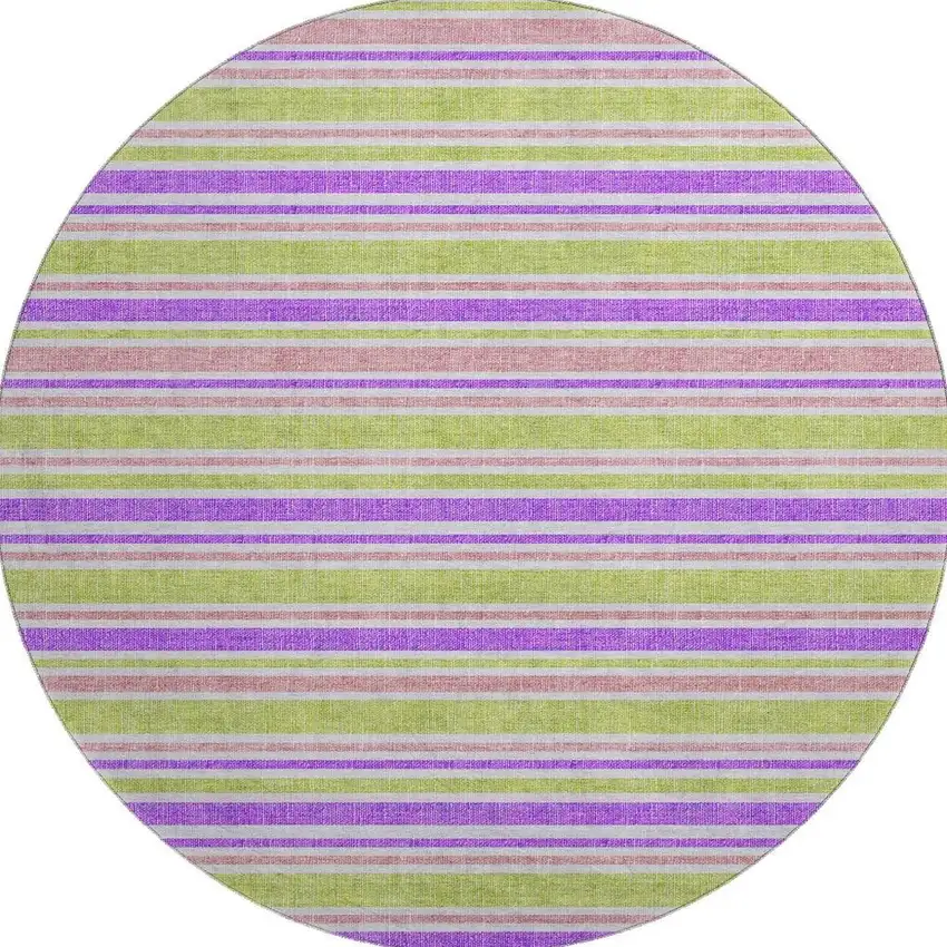8' Purple Green And Blush Striped Washable Round Rug With UV Protection Photo 3