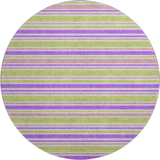 8' Purple Green And Blush Striped Washable Round Rug With UV Protection Photo 1