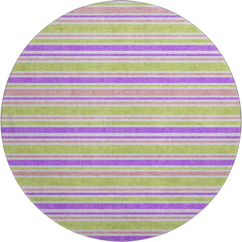 8' Purple Green And Blush Striped Washable Round Rug With UV Protection Photo 1
