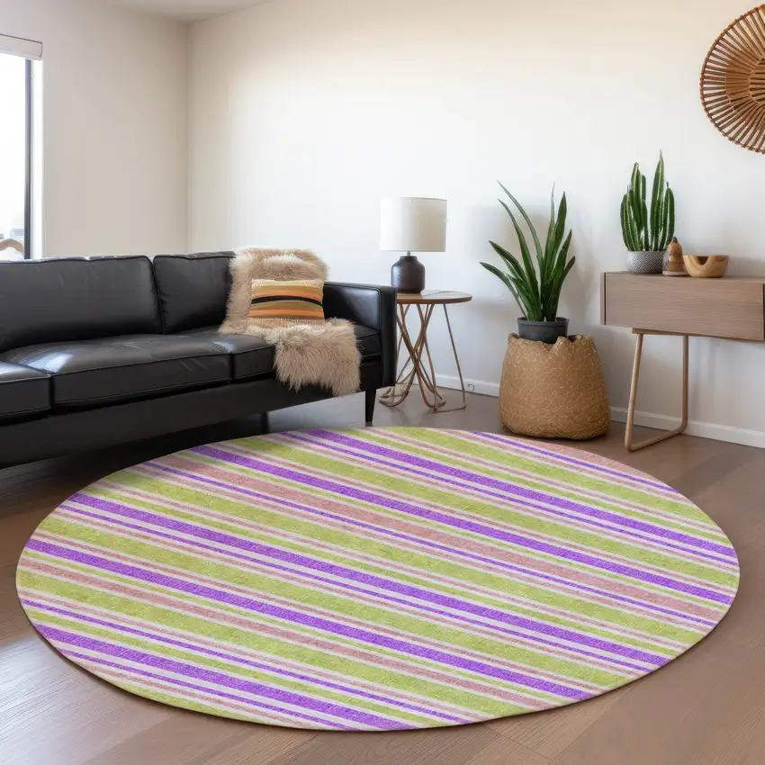 8' Purple Green And Blush Striped Washable Round Rug With UV Protection Photo 4