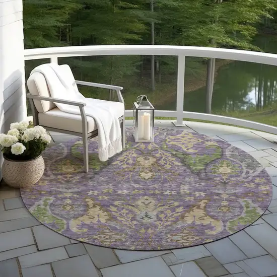 8' Purple Green And Brown Round Floral Washable Indoor Outdoor Area Rug Photo 8