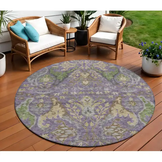 8' Purple Green And Brown Round Floral Washable Indoor Outdoor Area Rug Photo 1