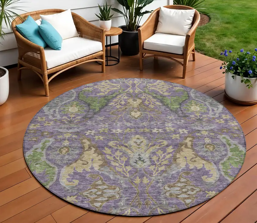 8' Purple Green And Brown Round Floral Washable Indoor Outdoor Area Rug Photo 1