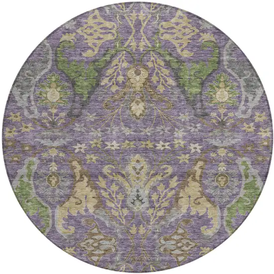 8' Purple Green And Brown Round Floral Washable Indoor Outdoor Area Rug Photo 2