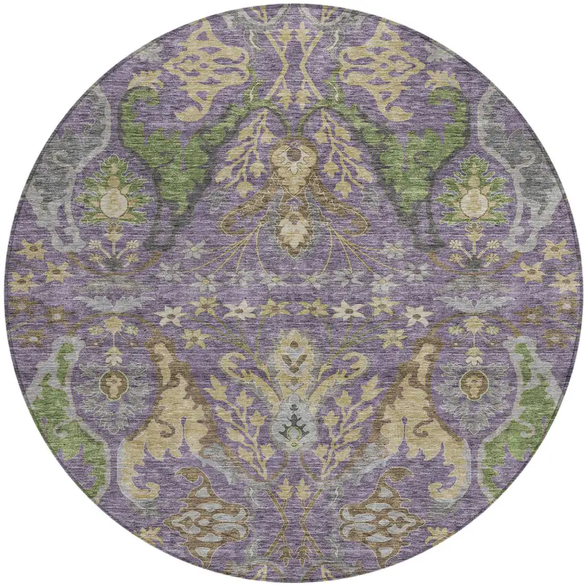 8' Purple Green And Brown Round Floral Washable Indoor Outdoor Area Rug Photo 2