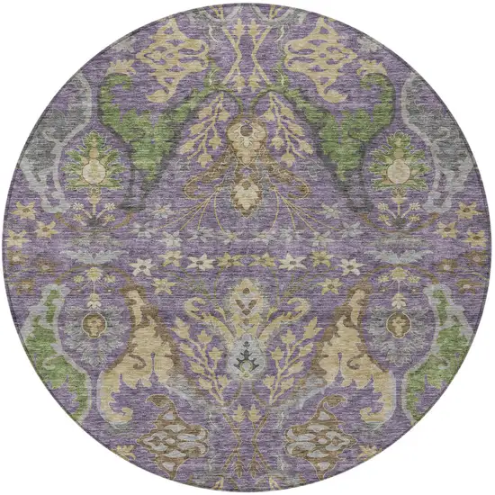 8' Purple Green And Brown Round Floral Washable Indoor Outdoor Area Rug Photo 7
