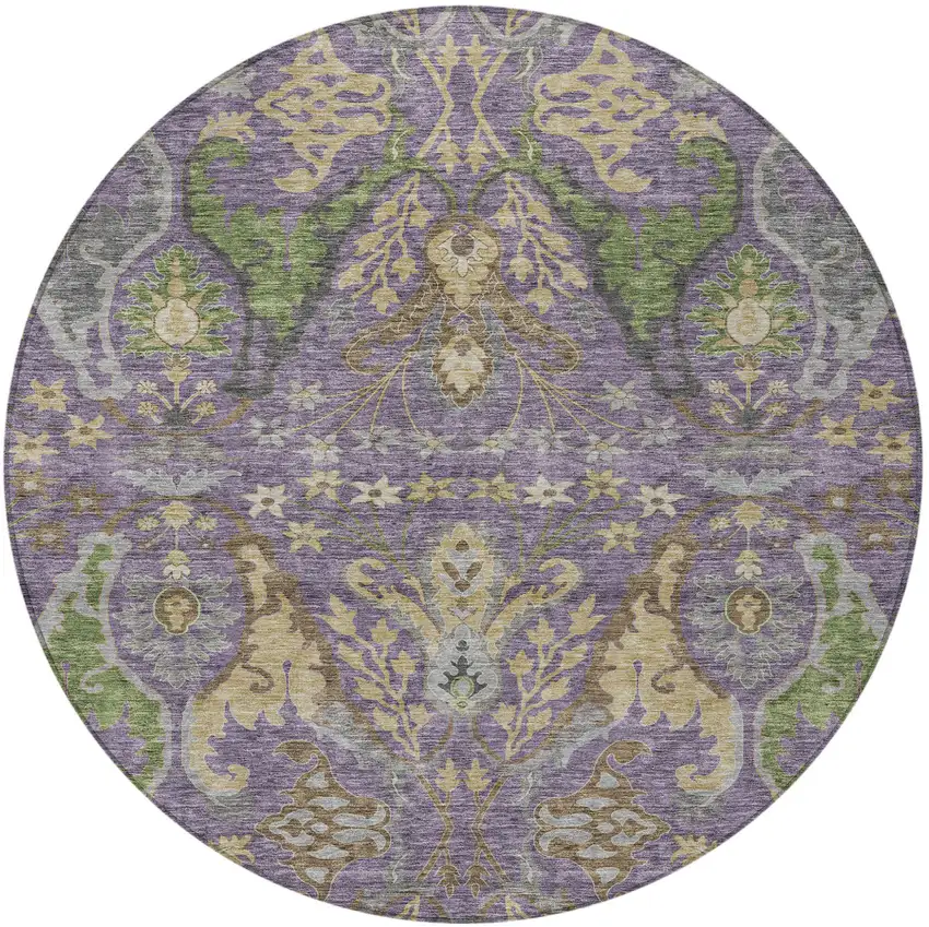 8' Purple Green And Brown Round Floral Washable Indoor Outdoor Area Rug Photo 7