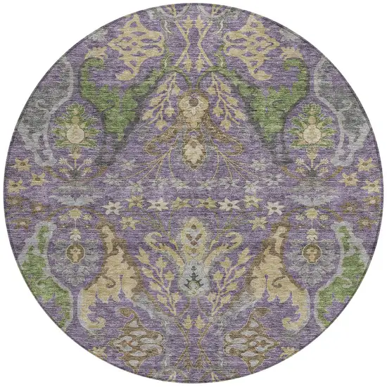 8' Purple Green And Brown Round Floral Washable Indoor Outdoor Area Rug Photo 6