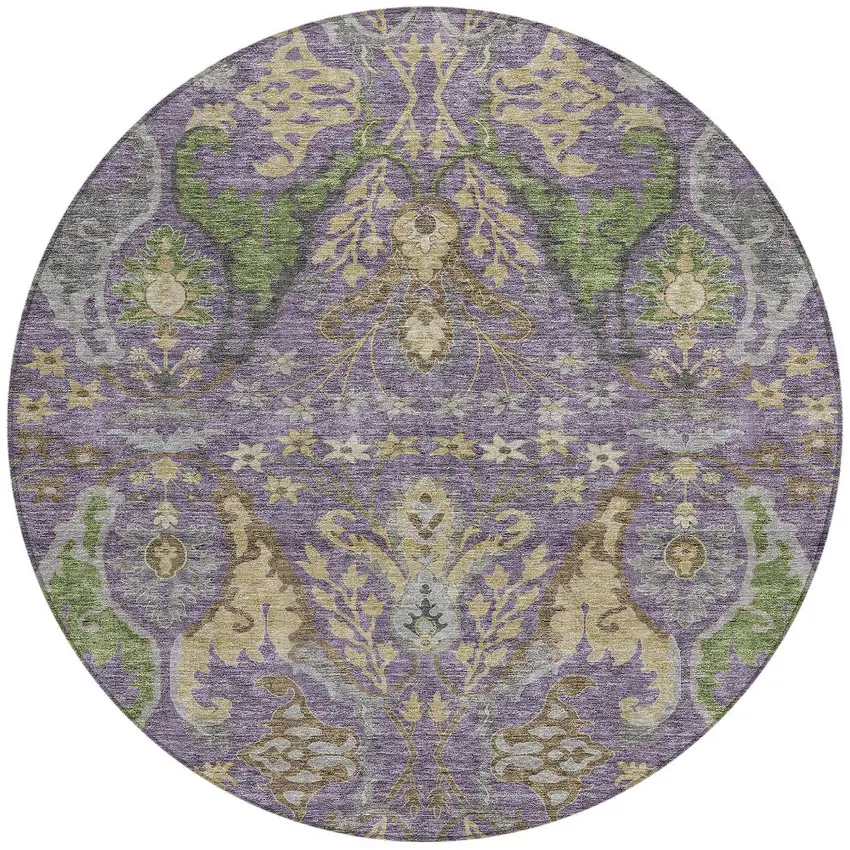 8' Purple Green And Brown Round Floral Washable Indoor Outdoor Area Rug Photo 6