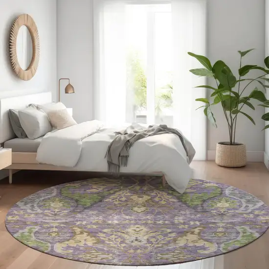 8' Purple Green And Brown Round Floral Washable Indoor Outdoor Area Rug Photo 9