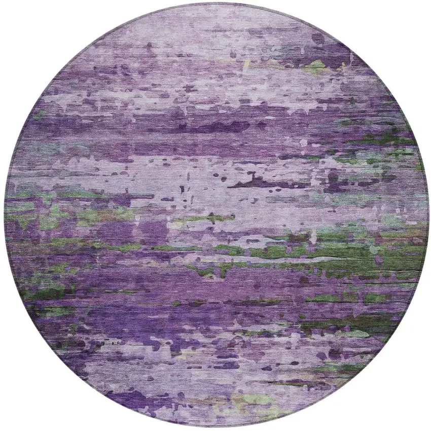 8' Purple Green And Charcoal Round Abstract Washable Indoor Outdoor Area Rug Photo 3