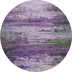 Photo of 8' Purple Green And Charcoal Round Abstract Washable Indoor Outdoor Area Rug