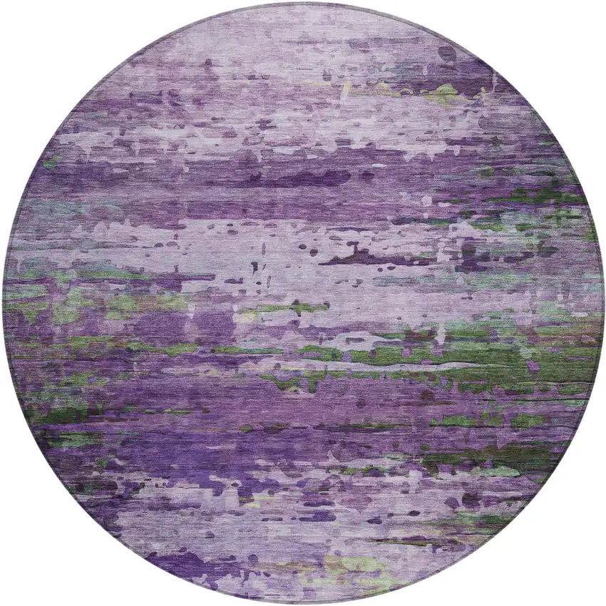 8' Purple Green And Charcoal Round Abstract Washable Indoor Outdoor Area Rug Photo 1