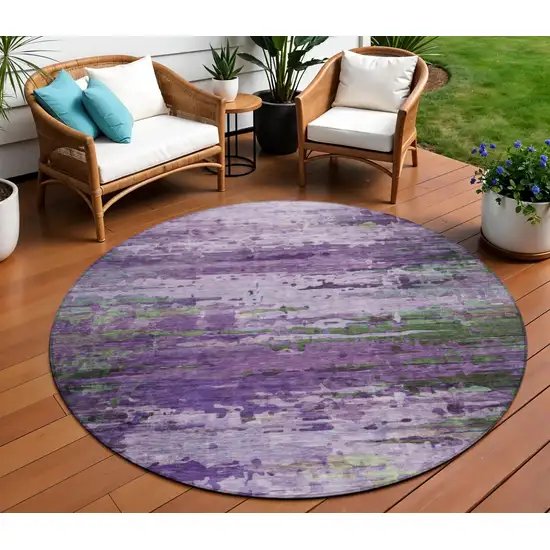 8' Purple Green And Charcoal Round Abstract Washable Indoor Outdoor Area Rug Photo 2