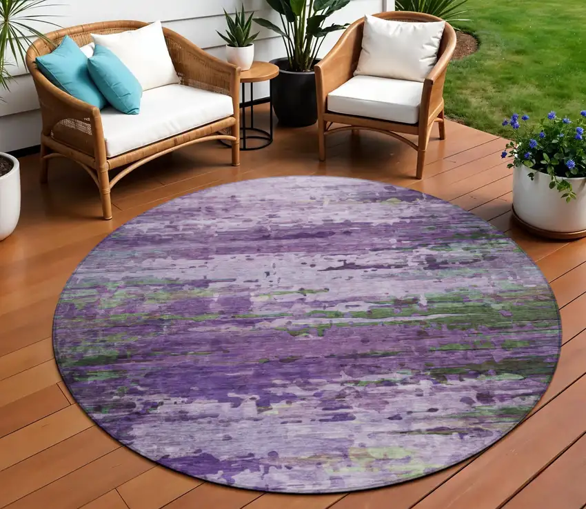 8' Purple Green And Charcoal Round Abstract Washable Indoor Outdoor Area Rug Photo 2