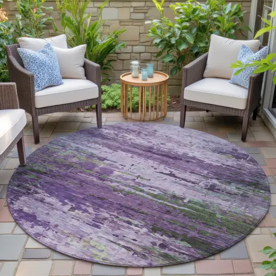 8' Purple Green And Charcoal Round Abstract Washable Indoor Outdoor Area Rug Photo 6