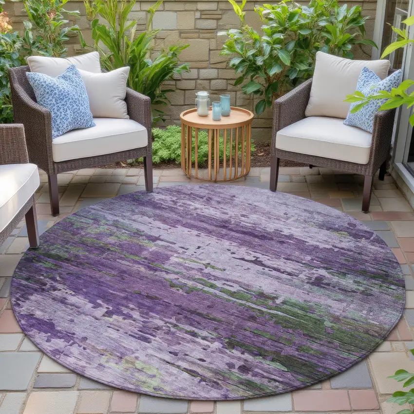 8' Purple Green And Charcoal Round Abstract Washable Indoor Outdoor Area Rug Photo 6