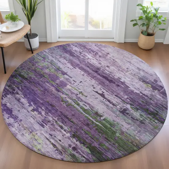 8' Purple Green And Charcoal Round Abstract Washable Indoor Outdoor Area Rug Photo 5