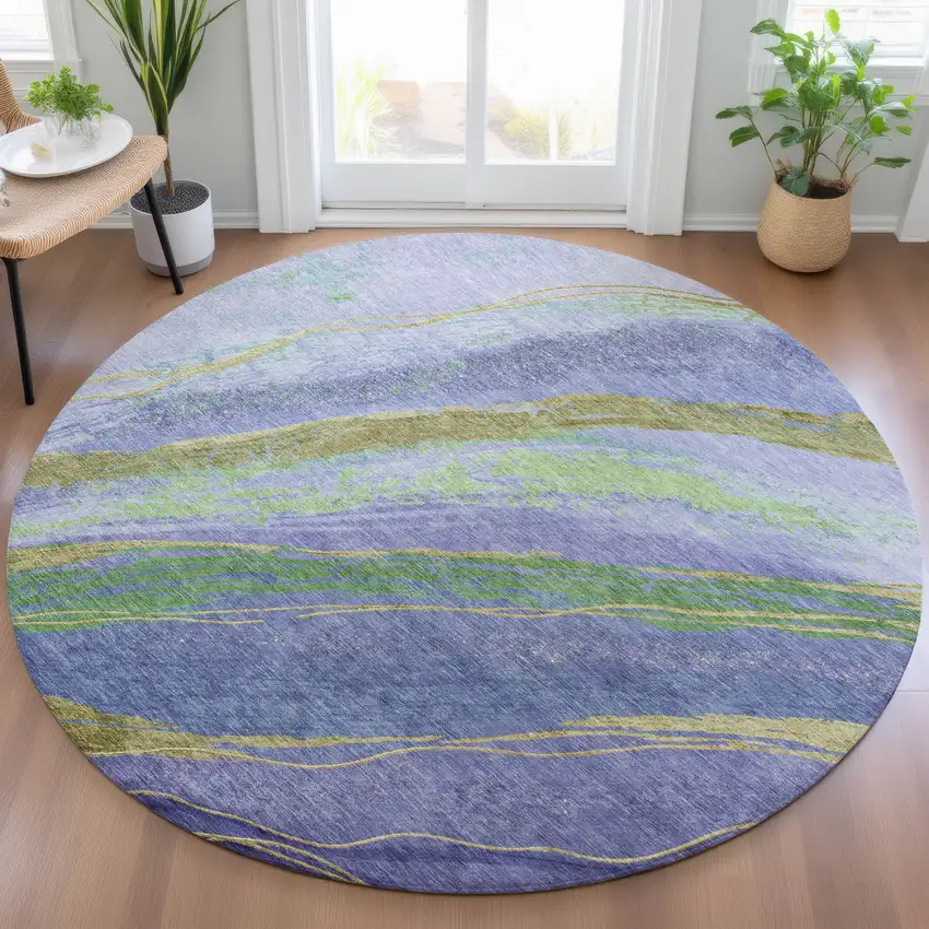8' Purple Green And Gold Round Abstract Washable Indoor Outdoor Area Rug Photo 5