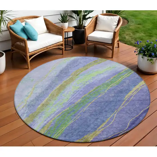 8' Purple Green And Gold Round Abstract Washable Indoor Outdoor Area Rug Photo 2