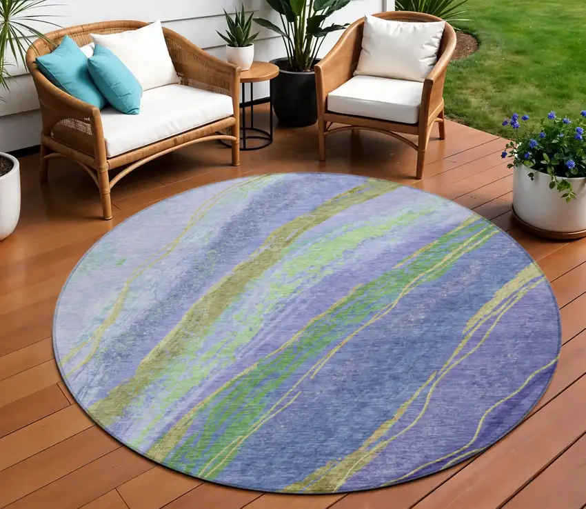 8' Purple Green And Gold Round Abstract Washable Indoor Outdoor Area Rug Photo 2