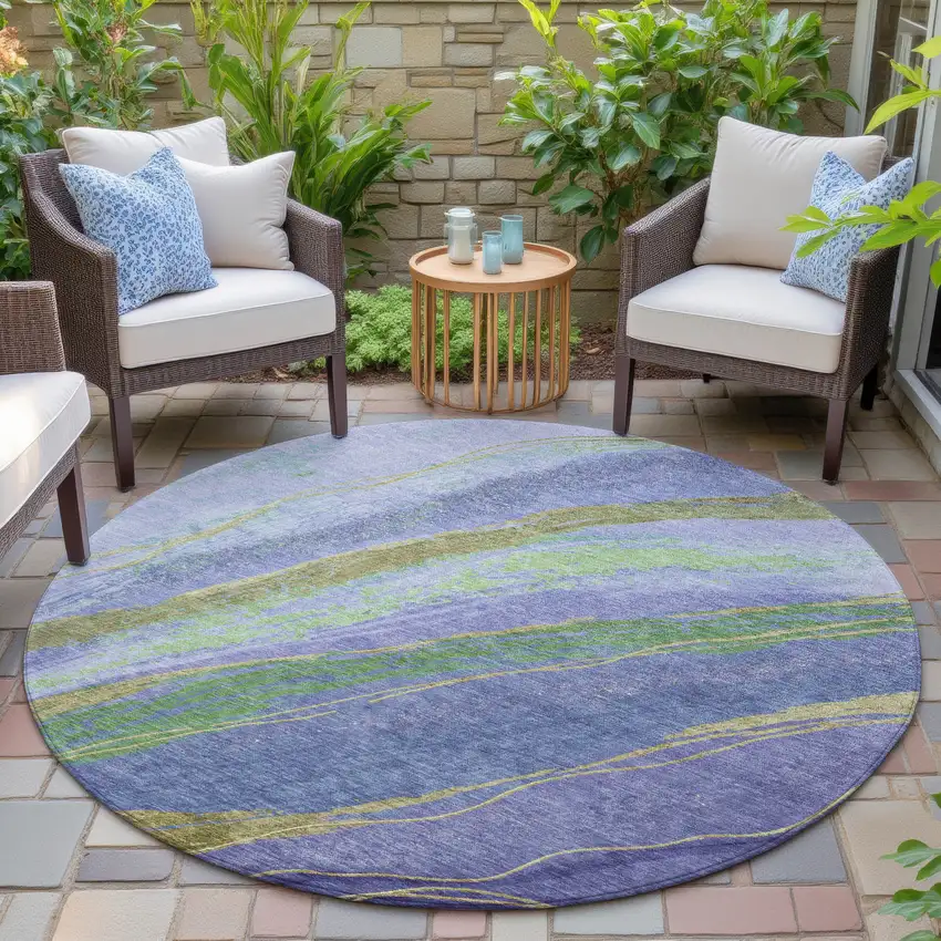 8' Purple Green And Gold Round Abstract Washable Indoor Outdoor Area Rug Photo 6