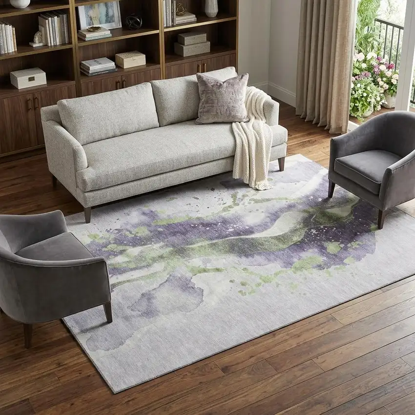 8' Purple Green And Ivory Abstract Washable Area Rug With UV Protection Photo 1