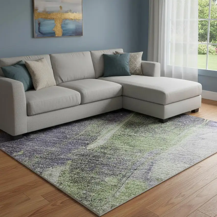 8' Purple Green And Ivory Abstract Washable Area Rug With UV Protection Photo 2