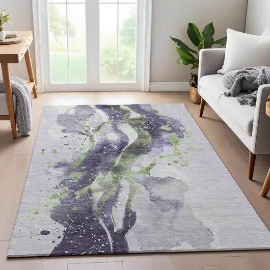 8' Purple Green And Ivory Abstract Washable Area Rug With UV Protection Photo 3