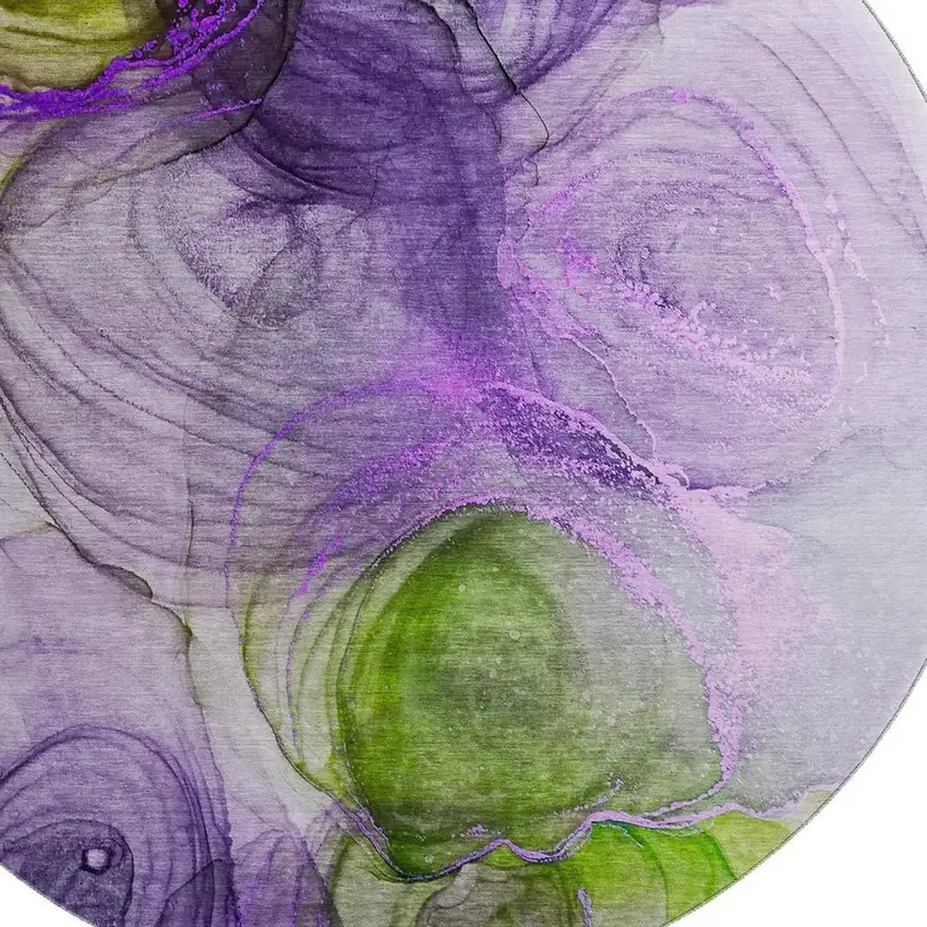 8' Purple Green And Ivory Abstract Washable Round Rug With UV Protection Photo 3