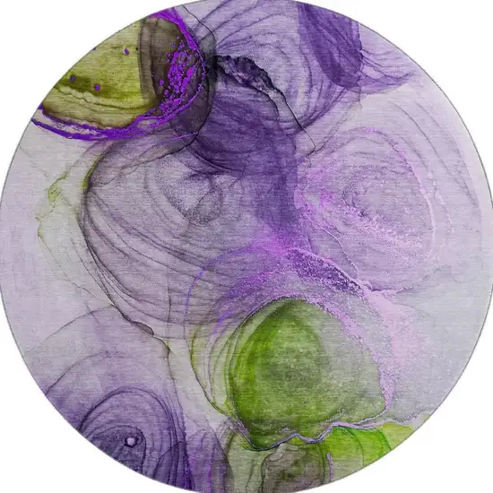 8' Purple Green And Ivory Abstract Washable Round Rug With UV Protection Photo 4