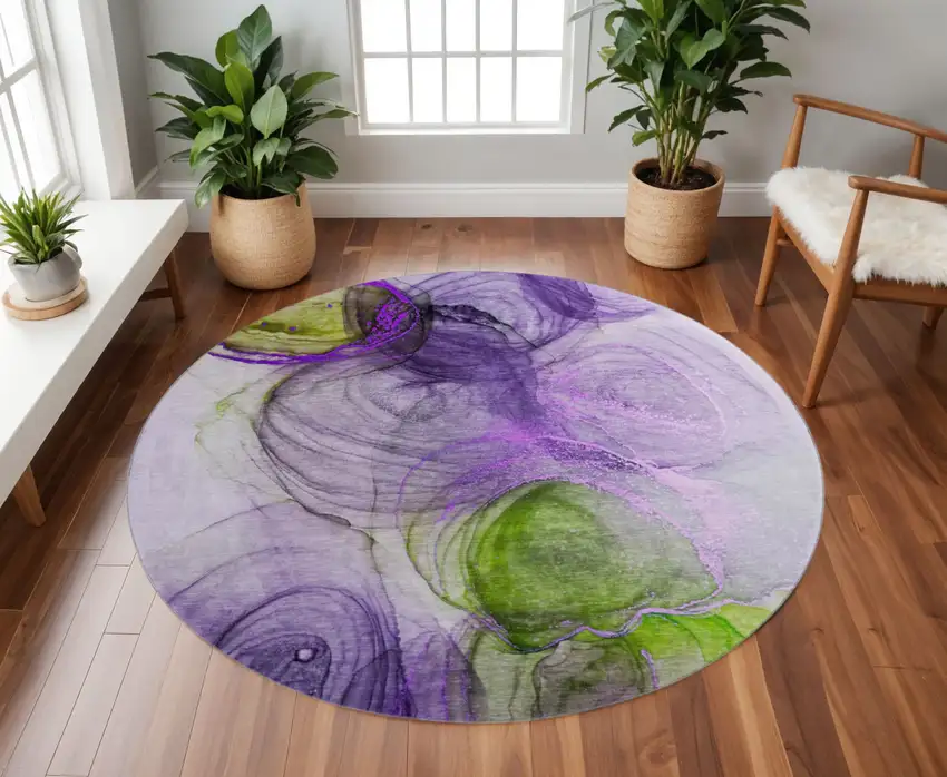8' Purple Green And Ivory Abstract Washable Round Rug With UV Protection Photo 2