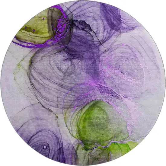 8' Purple Green And Ivory Abstract Washable Round Rug With UV Protection Photo 1