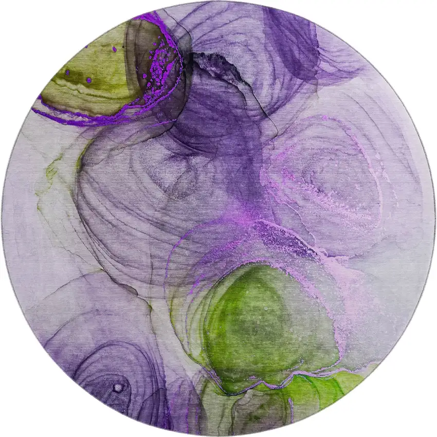 8' Purple Green And Ivory Abstract Washable Round Rug With UV Protection Photo 1