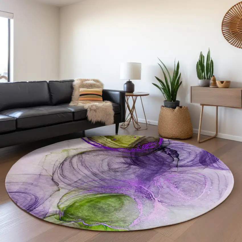 8' Purple Green And Ivory Abstract Washable Round Rug With UV Protection Photo 5