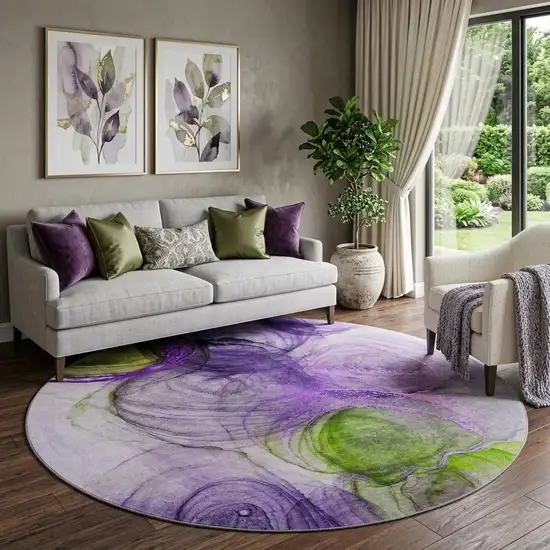8' Purple Green And Ivory Abstract Washable Round Rug With UV Protection Photo 1