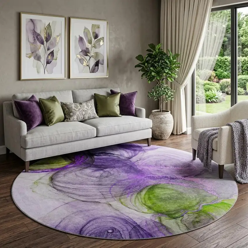 8' Purple Green And Ivory Abstract Washable Round Rug With UV Protection Photo 1