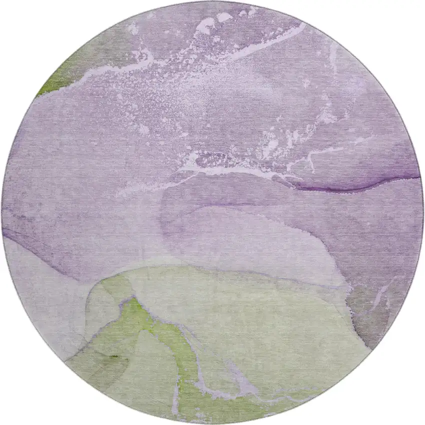 8' Purple Green And Ivory Abstract Washable Round Rug With UV Protection Photo 2