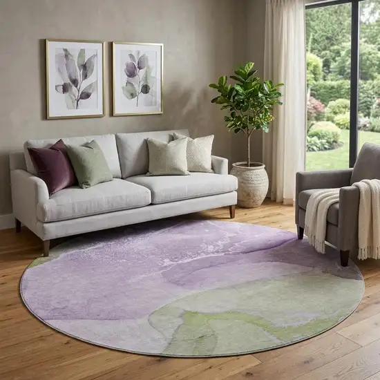 8' Purple Green And Ivory Abstract Washable Round Rug With UV Protection Photo 1