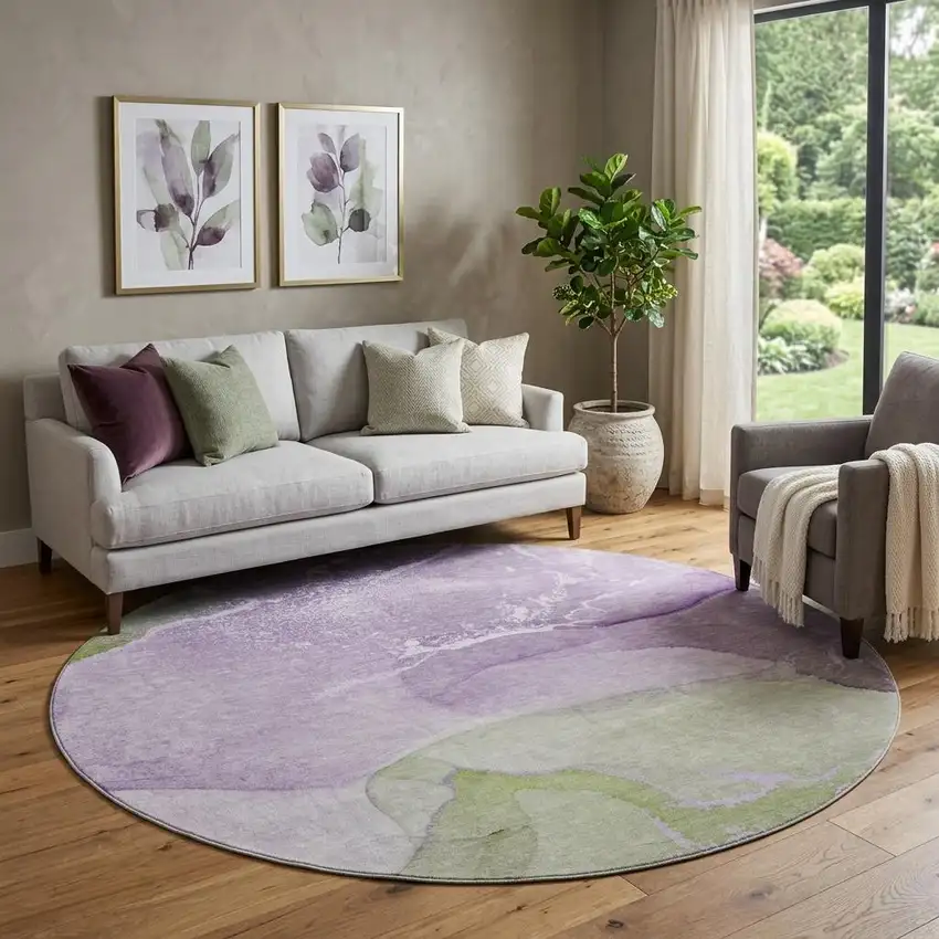 8' Purple Green And Ivory Abstract Washable Round Rug With UV Protection Photo 1