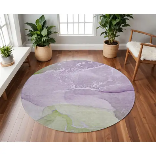 8' Purple Green And Ivory Abstract Washable Round Rug With UV Protection Photo 2