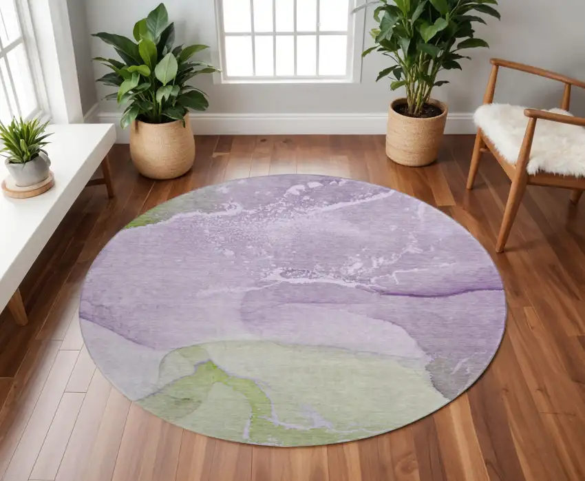 8' Purple Green And Ivory Abstract Washable Round Rug With UV Protection Photo 2