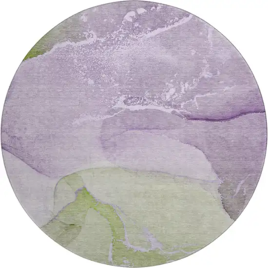 8' Purple Green And Ivory Abstract Washable Round Rug With UV Protection Photo 1