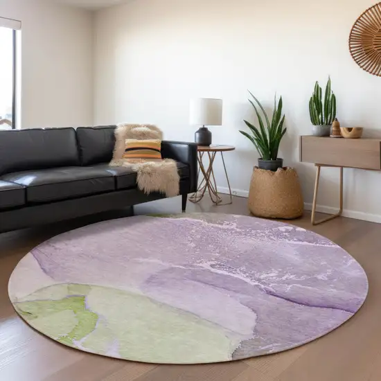 8' Purple Green And Ivory Abstract Washable Round Rug With UV Protection Photo 4