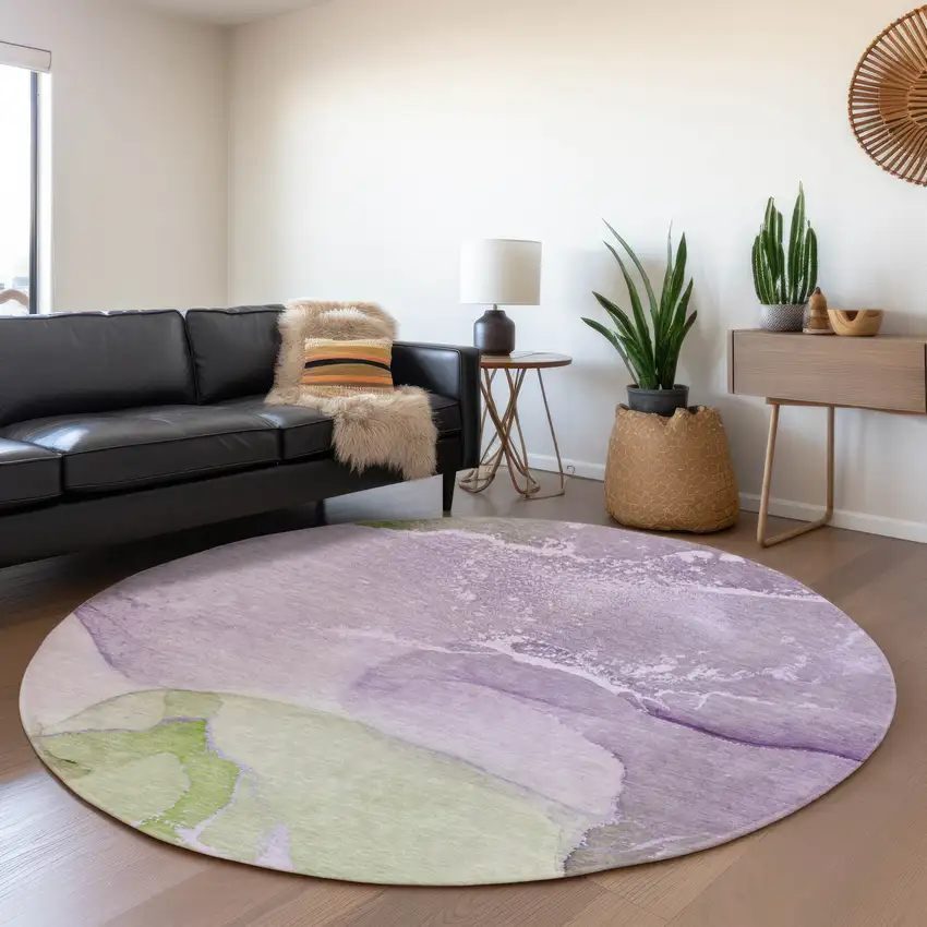 8' Purple Green And Ivory Abstract Washable Round Rug With UV Protection Photo 4